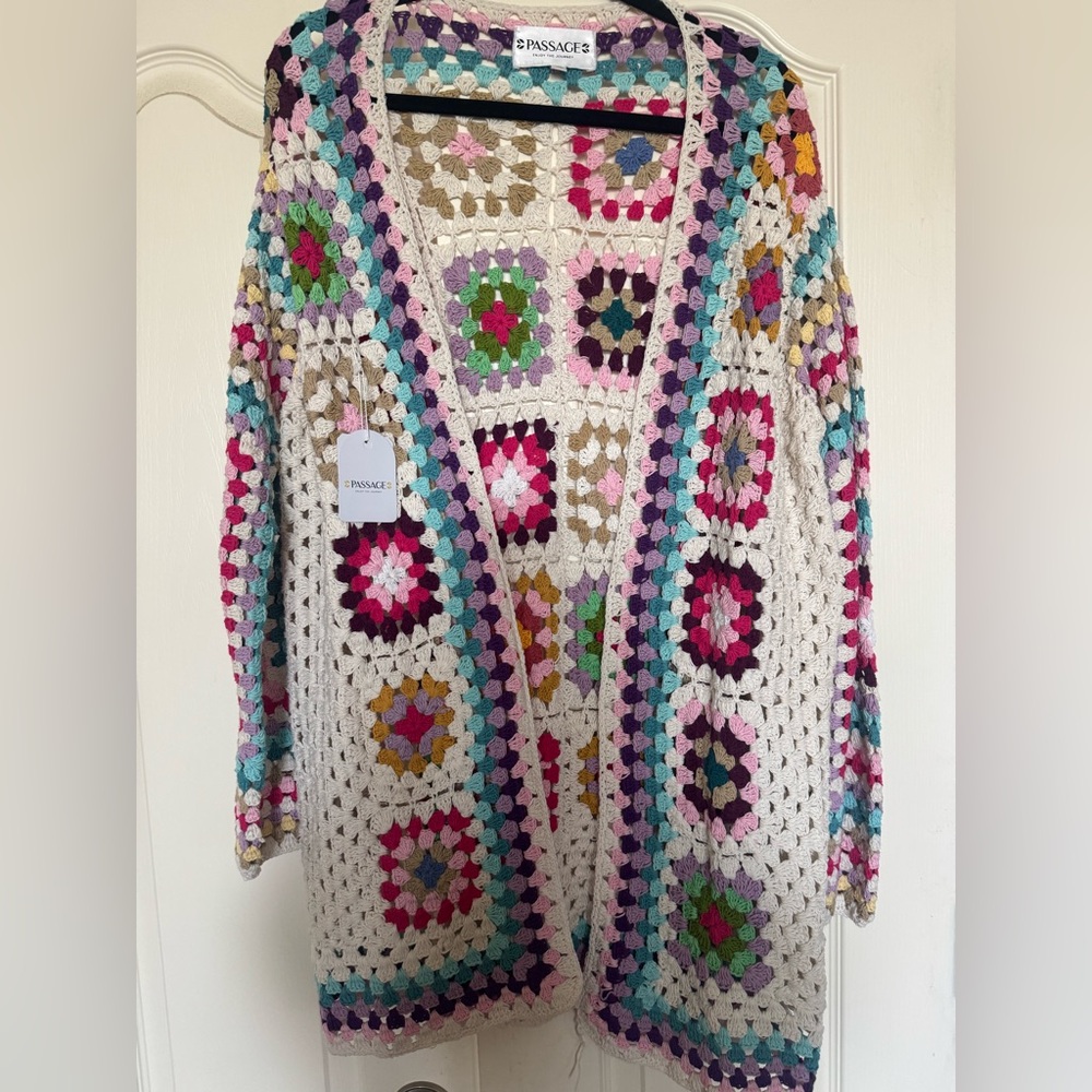 Passage Crochet Granny Square Bohemian Cardigan with Multicolor Accents